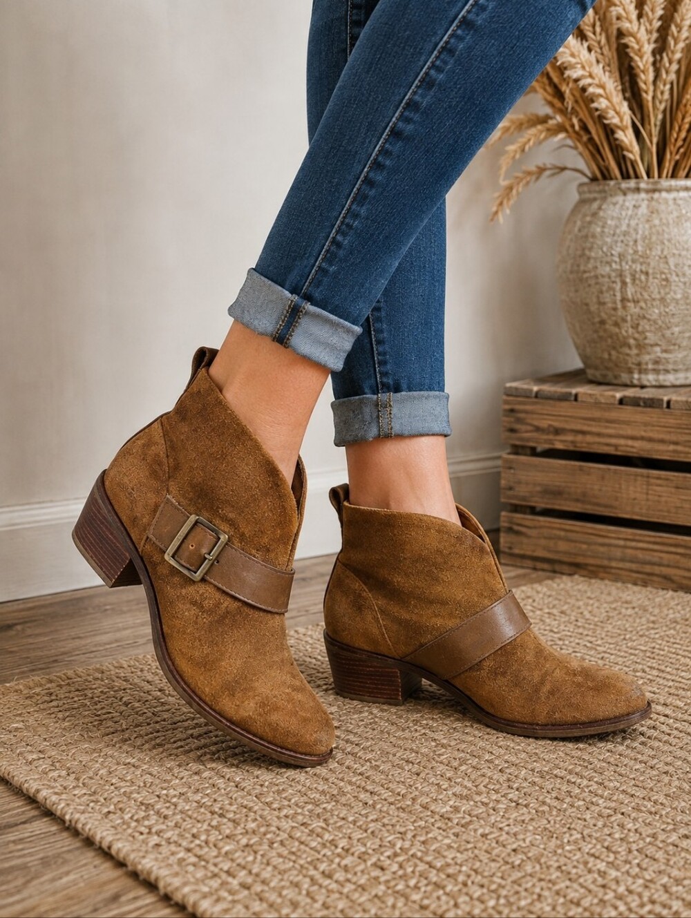 Ugg Wright Belted Suede Heeled Ankle Bootie Boot Chestnut Brown Women's 7 Used